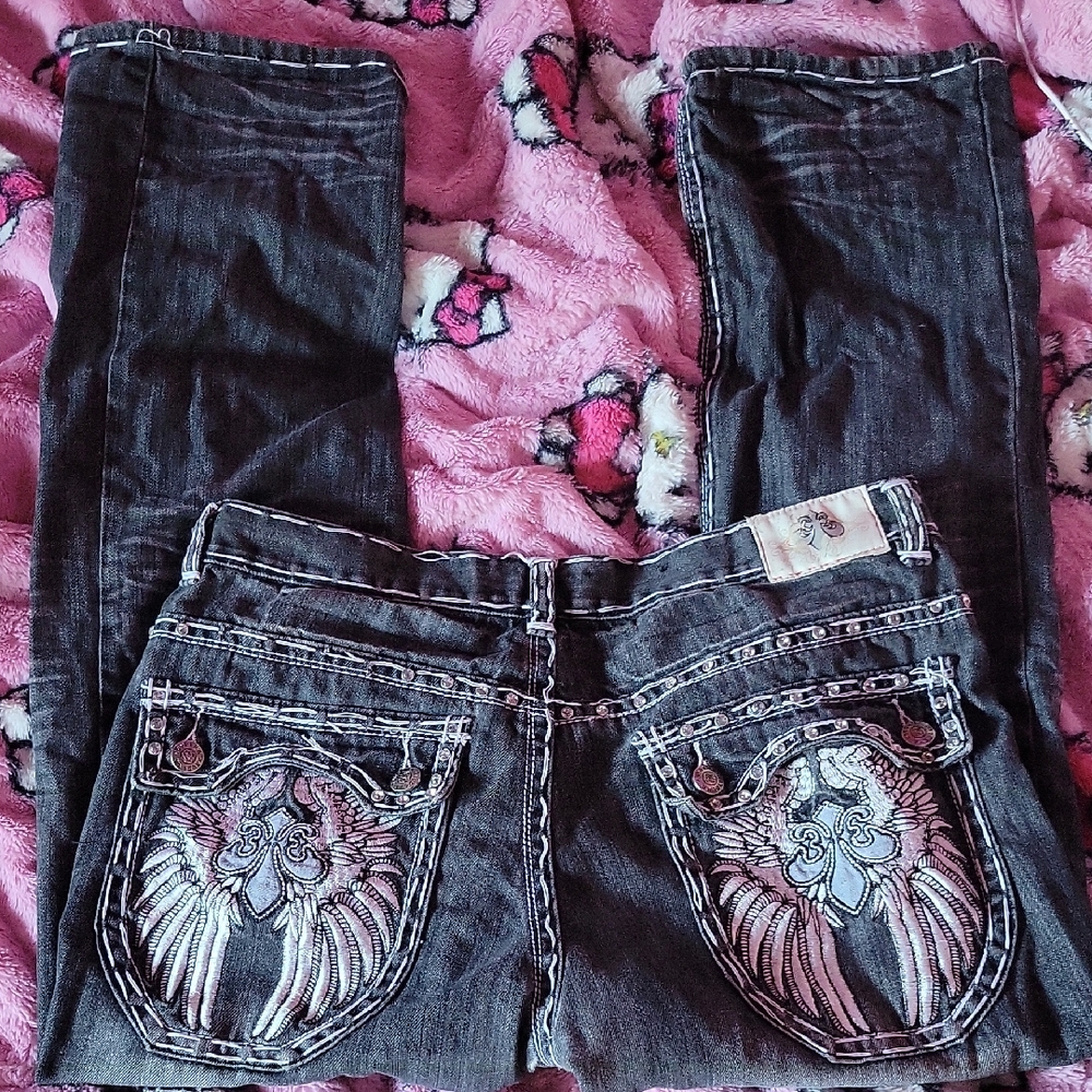 Vintage Kayden K grey and white wing Rhinestone Jeans Size 38